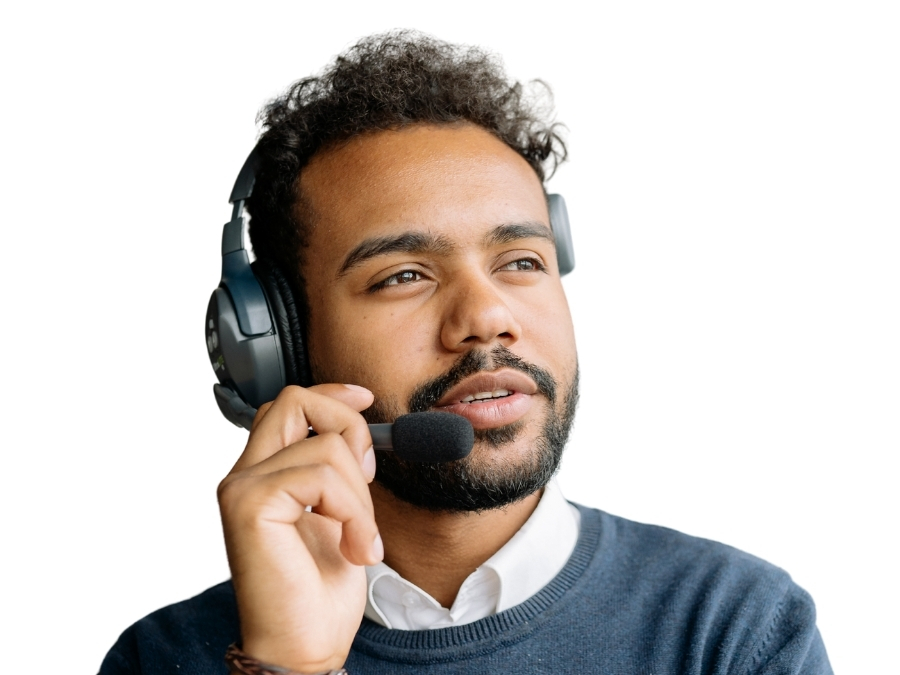 Call center receptionist wearing headset, on call